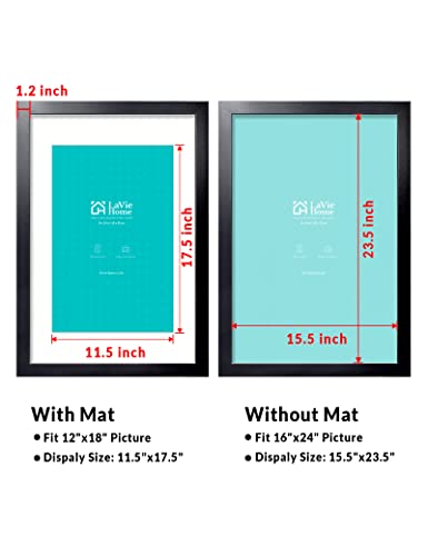 LaVie Home 16 x 24 Picture Frame Black Poster Frame,Display Pictures 12x18 with Mat or 16x24 Without Mat, Stable and Sturd...