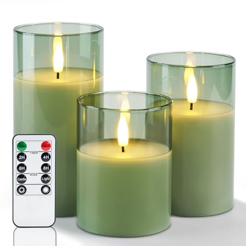 Amagic Green Glass Flameless Candles with Remote and Timer for St. Patrick's Day, Real Wax Battery Operated Candles, Flick...