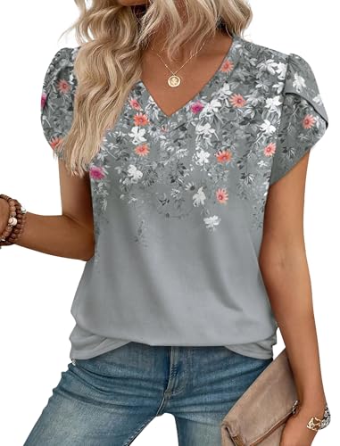 WIHOLL Womens Tops Dressy Casual Petal Sleeve Summer Spring Short Sleeve V Neck Shirts Work Business Vacation Clothes 2026