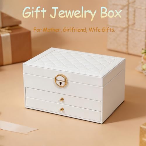 RQQM 3 Layer Jewelry Box Organizer with Drawers, Lockable PU Leather Jewelry Storage Case for Mothrer's Day gifts Necklace...