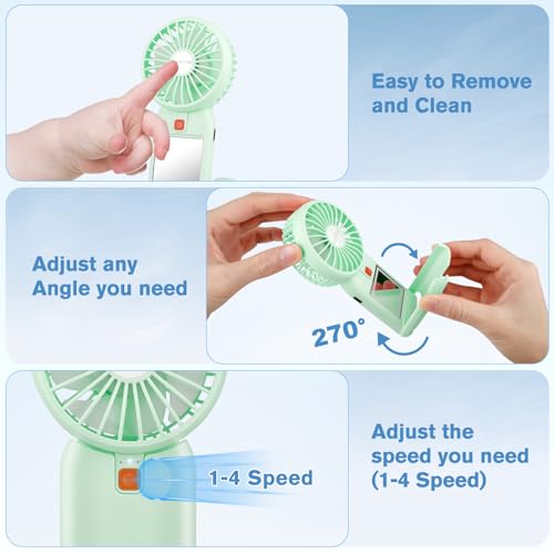 Verminget Portable Handheld Fan, 2026 Upgrade Mini Fan with Mirror, USB Rechargeable Desk Fan, 4 Speed Adjustable Battery ...
