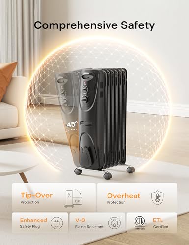 PELONIS Radiator Heater for Large Space, Electric Oil Filled Radiator, Dual Knobs, 1500W, Quiet Space Heater, 3 Modes, Ti...