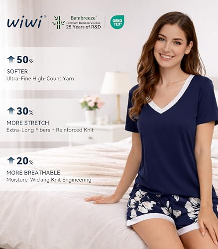 WiWi Viscose from Bamboo Pajamas Set for Women Super Soft Short Sleeve Cooling Summer Plus Size Pjs Sets Sleepwear S-4X