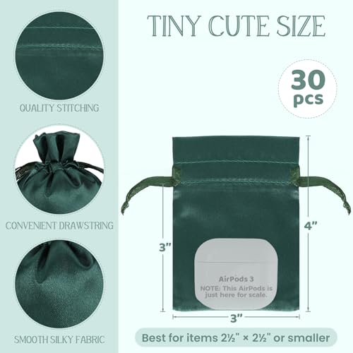 Tapleap Green Small Satin Gift Bags, 30Pcs 3x4 with Drawstring, For Kids Classroom, Wedding, Birthday, Party Favors, Jewel...