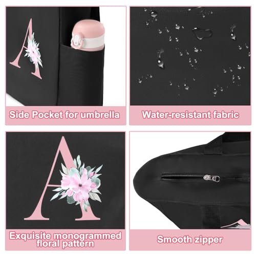 Vavabox Tote Bag, A-Z Initial Monogrammed Waterproof Tote Bag, Bridesmaid Gifts for Women, Black and Pink