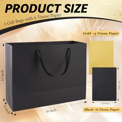 Addblu 3 Pack Extra Large Black Gift Bags with Handles - Includes 9 Tissue Papers, 16x6x12 Inches for Men Birthday Party, ...
