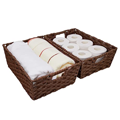 Onlytak Large Wicker Storage Basket, Metal Frame, Set of 2, Washable Waterproof, 15" x 10.3" x 5.2", Brown Color, Woven Ba...