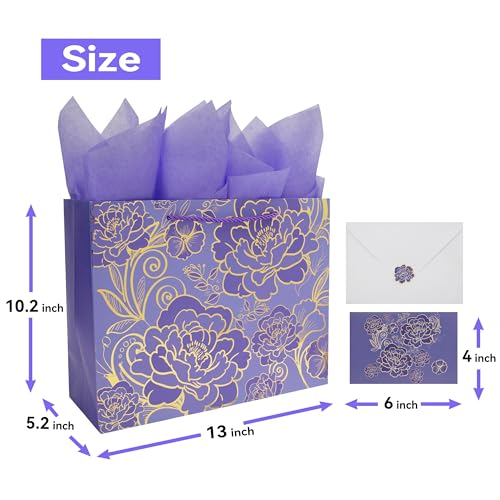 Qirrmiy 13" Large Rose Purple Gift Bag Set with Greeting Card and Tissue Paper for Women or Girls for Celebrating Birthday...
