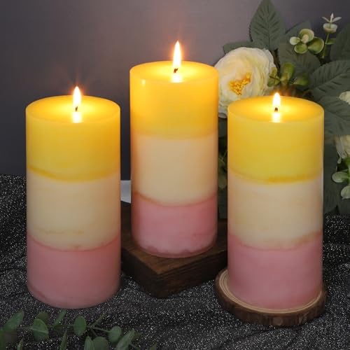 FLAVCHARM Sweet Honeysuckle Scented 3x6 Inch Pillar Candles Yellow White Pink Layered Aesthetic Decorative Home fragrances...