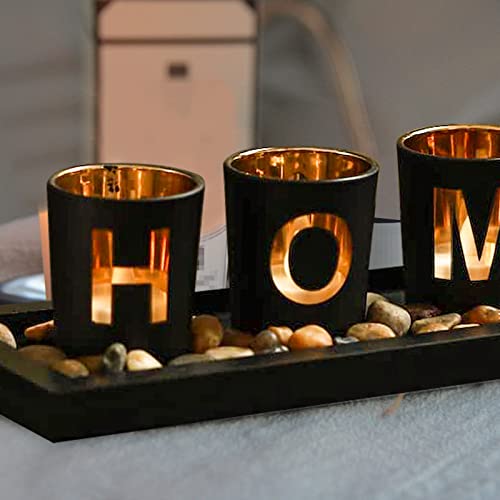 MrMrKura Home Decorative Candle Holder Set, 4 Glass Tea Light Candleholders with Wooden Candle Holders Tray, Natural Pebbl...