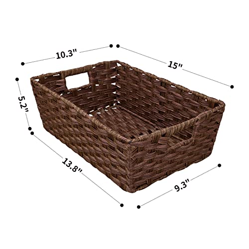 Onlytak Large Wicker Storage Basket, Metal Frame, Set of 2, Washable Waterproof, 15" x 10.3" x 5.2", Brown Color, Woven Ba...