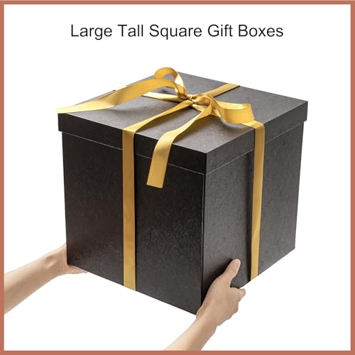 Mefleet Large Gift Box with Lid for Presents 12x12x12 Inches Extra Big Deep Square Black Boxes 1 Pack for Christmas, Birth...