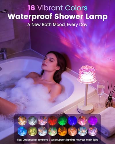 Waterproof Bathroom Shower Lamp with Ocean Wave Projector, 2-in-1 Table Night Light, 16 RGB Colors, 3 White Modes, 5000mAh...