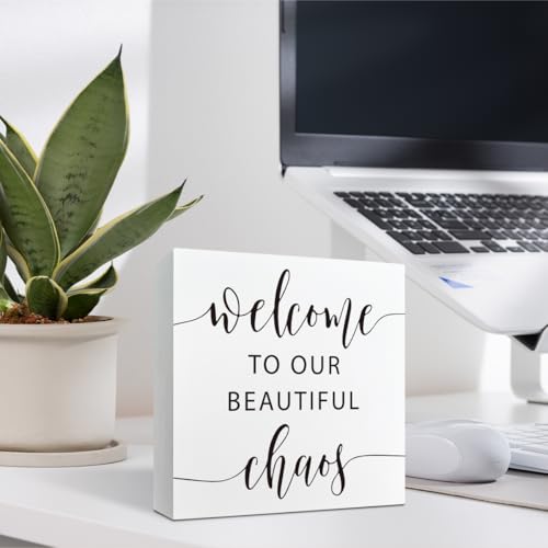 Modern Farmhouse Shelf Decor, Welcome to Our Beautiful Chaos White Wooden Box Sign for Tabletop Entryway Living Room Accen...