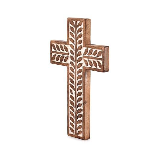 NIRMAN Mango Wood Religious Catholic Cross Wall Hanging Floral Carvings Living Room Home Décor for Entryway Office Living ...