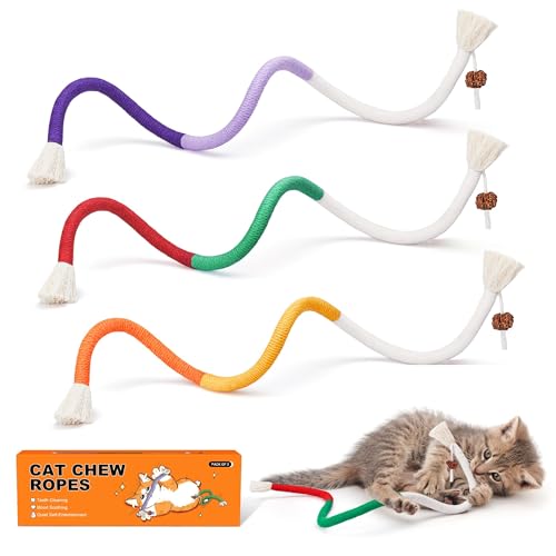 Potaroma Cat Toys Chew Ropes 3Pcs with Refillable Natural Catnip, Safe Teeth Cleaning Toy for Indoor Kittens, Interactive ...