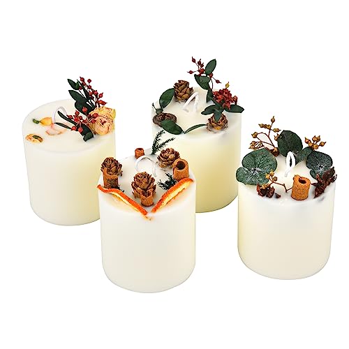 Sungmor Decorative Scented Pillar Candles Set of 4, Natural Soy Wax Scented Candle with Dried Flowers, 40 Hours Long-Lasti...