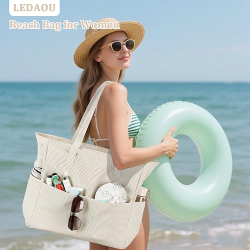 LEDAOU Large Beach Bag Women Waterproof Sandproof Zipper Beach Tote Pool Bag for Swim Gym Grocery Travel with Wet Pocket |...