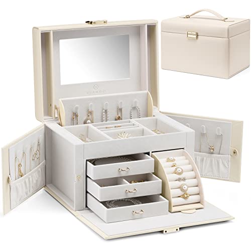 Vlando Jewelry Box Organizer for Girls Women, Large Jewelry Holder Organizer with Mirror, 3 Drawers for Bracelets, Earring...