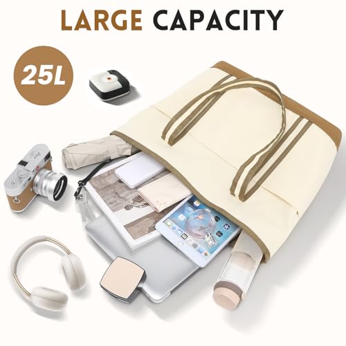 QYEPYUE Large Canvas Tote Bag for Women, Beach Bag with Zipper, Utility Tote Bag with 3 Front Pockets, Weekender Pool Bag