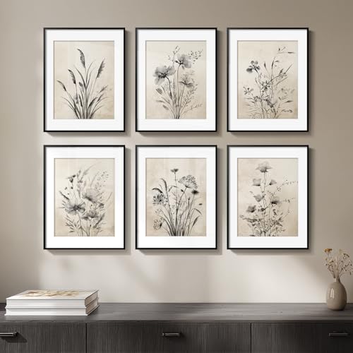 Framed Boho Vintage Botanical Wall Art, Set of 6 Black and White Floral Canvas Painting Prints with Mat for Farmhouse Livi...