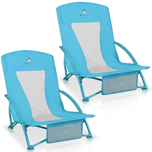 Low Beach Chairs 2 Pack,Folding Compact Low Seat Chairs for Adults w/Mesh Back& Storage Bag,Heavy Duty Chair for Outdoor S...