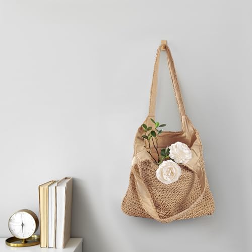 Pleneal Straw Beach Bags for Women - Women Beach Handmade Woven Tote Bag, Summer Mesh Hollow Shoulder Bag for Holiday