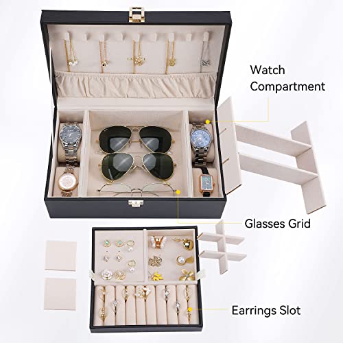 LANDICI Jewelry Box Organizer for Men Women, 2 Layer 4 Slot Watch Storage Case with Removable Tray, PU Leather Large Jewel...