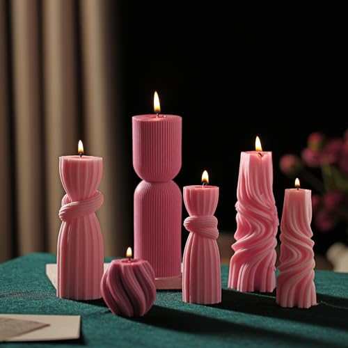 Threlaco 6 Pcs Pink Pillar Candles Decorative Modern Aesthetic Ribbed Candle Set Cute Soy Wax Scented Ribbed Decor Valenti...