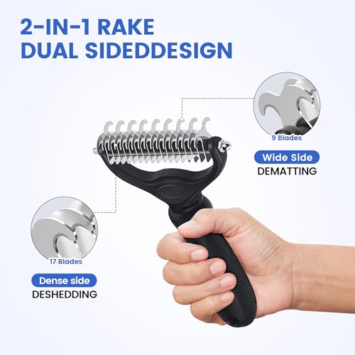 Double-Sided Pet Grooming Rake - 4-in-1 Professional Pet Grooming Kit, Deshedding Dematting Tool for Dogs, Cats, Extra-Wid...