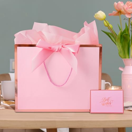 Plauthus Pink Gift Bag with Ribbon, 13" Large Gift Bag with Handle, Greeting Card & 2 Tissue Paper（Rose Gold Foil Frame） f...