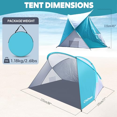 Chihee Pop-Up Beach Tent for 1-2 Person UV Protection Silver Coated Fabric Portable Sun Shelter,Crossed Fiberglass Poles W...