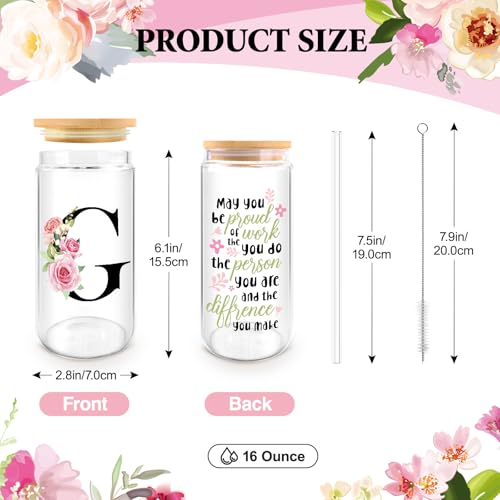 WINOWIMO Initial Glass Cups with Lids and Straws, Personalized Gifts for Women, Iced Coffee Cup Glass Tumbler, Birthday Br...