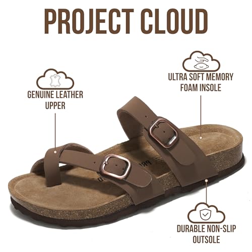 Project Cloud 100% Genuine Leather Womens Sandals -Lightweight Womens Slides Memory Foam Insole & Cork Footbed Sandals Wom...