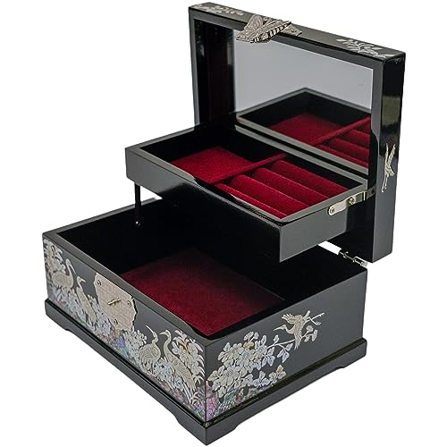 February Mountain Mother-of-Pearl Crane Jewelry Box | Wooden Make | Two-Layer Velvet Interior | Mirror Lid | Lacquer Finis...