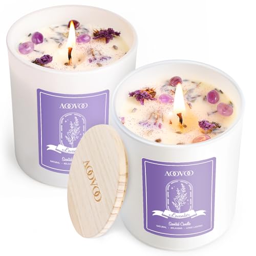 AOOVOO Lavender Scented Candle Set 2 Pack - Aromatherapy Candle with Crystals Inside, 14oz Soy Candles for Home Scented, B...