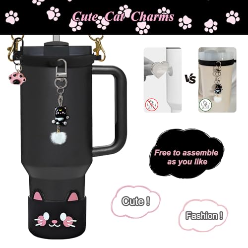 VirgoCCY 6PCS Cute Cat Stanley Cup Accessories Set for Stanley Cup 30oz 40oz, Includes Straw Topper, Siliocne Boot, Water ...