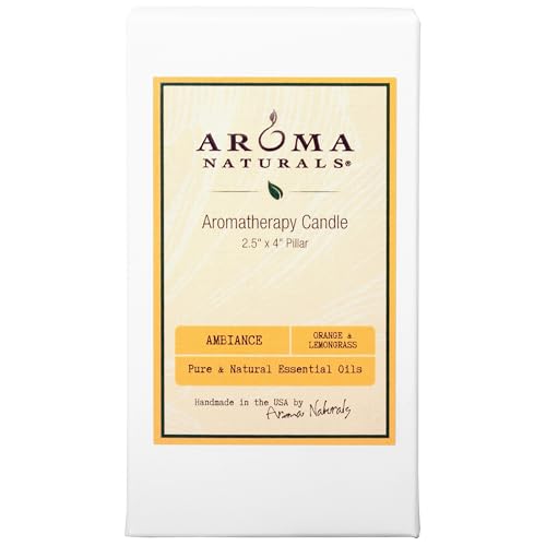 Aroma Naturals Essential Oil Orange and Lemongrass Scented Pillar Candle, Ambiance, 2.5 inch x 4 inch, Yellow