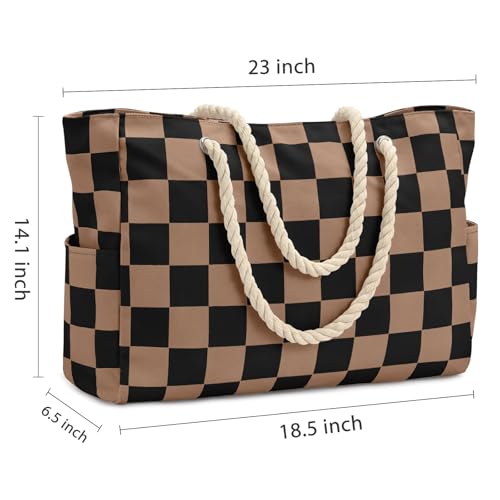 Becokan Beach Bags for Women Checkered Large Beach Tote Bag Zipper Beach Bags Waterproof Sandproof Canvas Swim Pool Bag