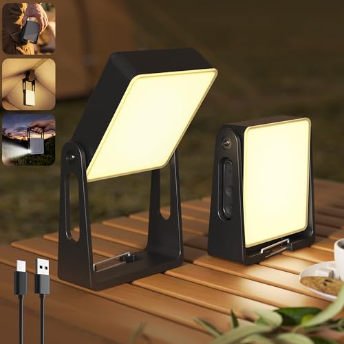Portable Camping Light, 2 Pack Rechargeable 4000mAh Dimmable LED Camping Lanterns with 360° Rotatable Stand, 2-in-1 Flashl...