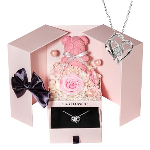 JoyFlower Preserved Flowers Bear with Necklace Gifts for Girlfriend, Unique Pearl Rose Bear Necklace Birthday Gifts for Mo...