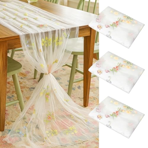 Lounsweer 3 Pcs Wildflower Table Runner 10ft/ 29 Inch x 120 Inch White Embroidery Wildflower Spring Summer Tulle Lace Runn...