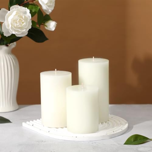 White Pillar Candles Set of 3 - Hand-Poured Unscented Candles, Smokeless Decorative Candles for Home, Set of 3 in Differen...