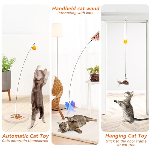JXFUKAL Interactive cat Toy, Automatic Cat Wand Toy with Stable Wooden Base, 2 PCS Detachable Cat Teaser, 5PCS Refills Rep...