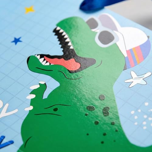 Joliloly 13" Happy Birthday Gift Bag, Dinosaur Print Sturdy Thick Paper Bag for Kids, Reusable Birthday Present Bag with T...