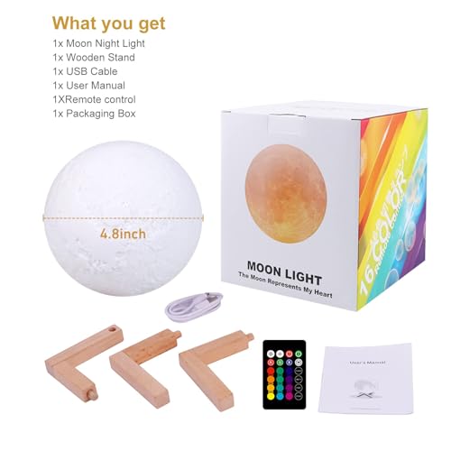 GDPETS Moon Lamp, 16 Colors Moon Night Light with Stand & Remote &Touch Control and USB Rechargeable Decorative Light Up M...