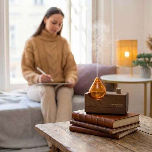 Amber Premium Glass Essential Oil Diffuser with Handmade Wood Base for Aromatherapy, Retro Waterless Scent Diffuser with C...