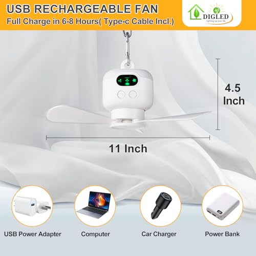 DIGLED Battery Operated Ceiling Fan: 11" Portable Camping RV Tent Fan with Lights - Outdoor Hanging Rechargeable 8000mAh -...