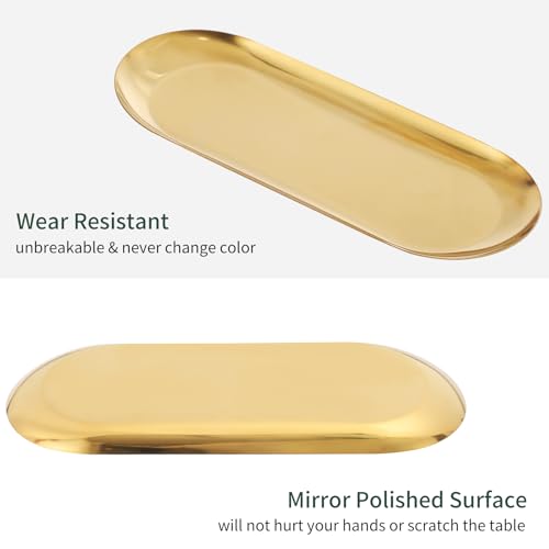 2Pack Gold Decorative Trays Bathroom Vanity Tray for Dresser Counter, Stainless Steel Jewelry Dish Cosmetics Organizer, Pe...