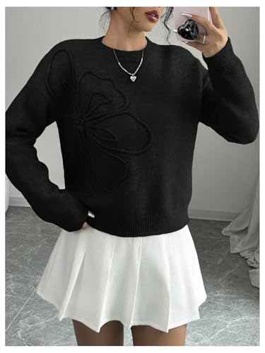 Verdusa Women's Spring 3D Flower Appliques Crewneck Sweaters Long Sleeve Drop Shoulder Pullovers Knit Going Out Tops